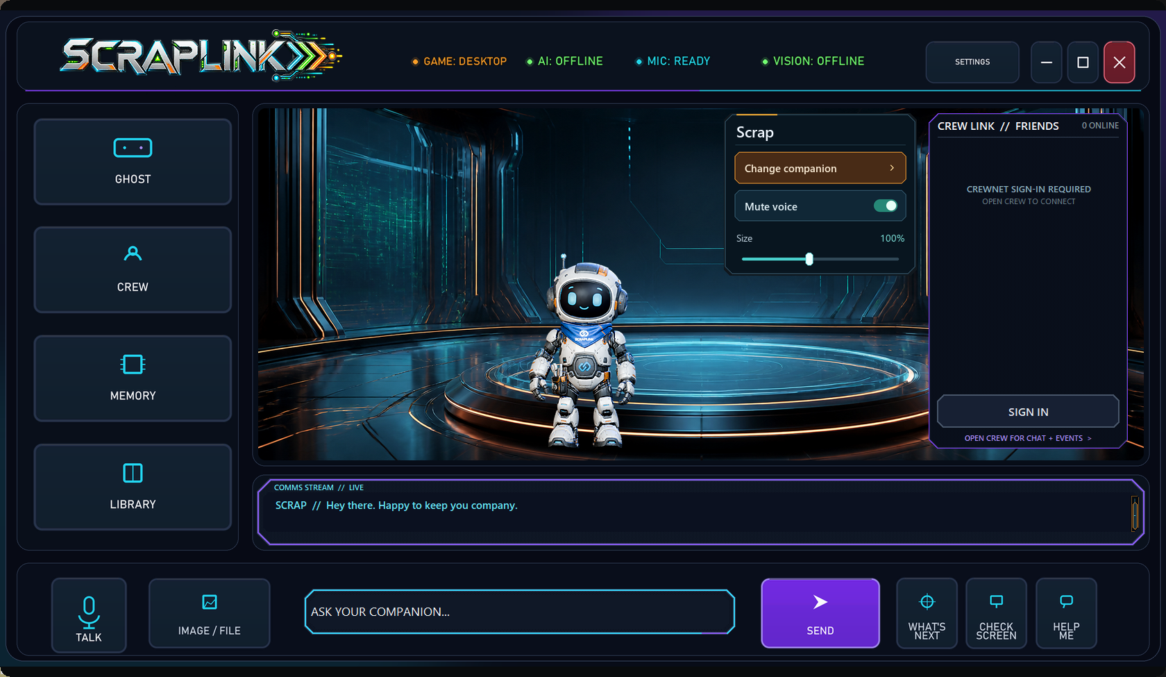 ScrapLink alpha Command Center showing Scrap and companion, voice, and size controls